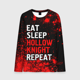 Мужской лонгслив 3D с принтом Eat Sleep Hollow Knight Repeat | Арт в Петрозаводске, 100% полиэстер | длинные рукава, круглый вырез горловины, полуприлегающий силуэт | eat sleep hollow knight repeat | hollow | knight | logo | игра | игры | краска | краски | лого | логотип | найт | символ | холлоу