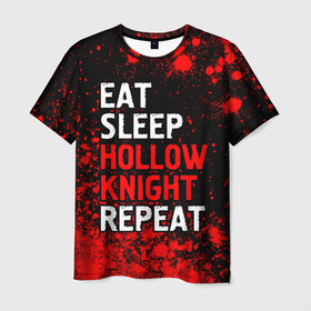 Мужская футболка 3D с принтом Eat Sleep Hollow Knight Repeat | Арт в Екатеринбурге, 100% полиэфир | прямой крой, круглый вырез горловины, длина до линии бедер | eat sleep hollow knight repeat | hollow | knight | logo | игра | игры | краска | краски | лого | логотип | найт | символ | холлоу