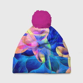 Шапка 3D c помпоном с принтом Цветочный красочный паттерн , 100% полиэстер | универсальный размер, печать по всей поверхности изделия | color | fashion | flowers | pattern | мода | узор | цвет | цветы