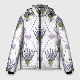 Мужская зимняя куртка 3D с принтом Лавандовые сердца в Екатеринбурге, верх — 100% полиэстер; подкладка — 100% полиэстер; утеплитель — 100% полиэстер | длина ниже бедра, свободный силуэт Оверсайз. Есть воротник-стойка, отстегивающийся капюшон и ветрозащитная планка. 

Боковые карманы с листочкой на кнопках и внутренний карман на молнии. | букеты | букеты лаванды | лаванда | сердца | цветы