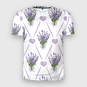 Мужская футболка 3D Slim с принтом Лавандовые сердца в Екатеринбурге, 100% полиэстер с улучшенными характеристиками | приталенный силуэт, круглая горловина, широкие плечи, сужается к линии бедра | букеты | букеты лаванды | лаванда | сердца | цветы