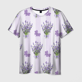Мужская футболка 3D с принтом Лавандовые бабочки в Тюмени, 100% полиэфир | прямой крой, круглый вырез горловины, длина до линии бедер | букет | лаванда | лавандовыйбукет | полосы | цветочный букет
