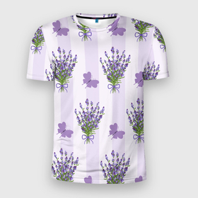 Мужская футболка 3D Slim с принтом Лавандовые бабочки в Тюмени, 100% полиэстер с улучшенными характеристиками | приталенный силуэт, круглая горловина, широкие плечи, сужается к линии бедра | букет | лаванда | лавандовыйбукет | полосы | цветочный букет