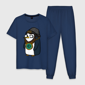 Мужская пижама хлопок с принтом Пингвин бастард в Кировске, 100% хлопок | брюки и футболка прямого кроя, без карманов, на брюках мягкая резинка на поясе и по низу штанин
 | bastard | penguin | бастард | в шапке | пингвин | цепь | шапка