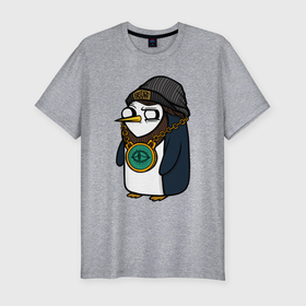 Мужская футболка хлопок Slim с принтом Пингвин бастард в Курске, 92% хлопок, 8% лайкра | приталенный силуэт, круглый вырез ворота, длина до линии бедра, короткий рукав | Тематика изображения на принте: bastard | penguin | бастард | в шапке | пингвин | цепь | шапка