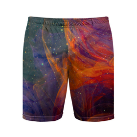 Мужские шорты спортивные с принтом Разноцветный абстрактный дым в Новосибирске,  |  | абстракция | блестки | дым | звезды | красный | пыль | разноцветный | синий