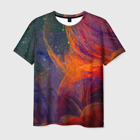 Мужская футболка 3D с принтом Разноцветный абстрактный дым в Курске, 100% полиэфир | прямой крой, круглый вырез горловины, длина до линии бедер | Тематика изображения на принте: абстракция | блестки | дым | звезды | красный | пыль | разноцветный | синий