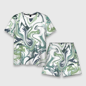 Мужской костюм с шортами 3D с принтом Зеленый мрамор. Абстрактный узор с прожилками и разводами в оттенках зеленого в Тюмени,  |  | абстракция | белый фон | волны | завитки | зеленый | мрамор | мраморная текстура | мраморный | прожилки | разводы | салатовый | темнозеленый