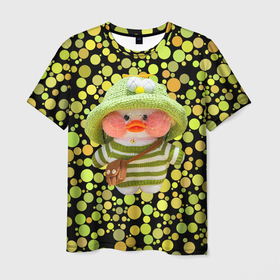 Мужская футболка 3D с принтом Лалафанфан  взеленой шляпке в Петрозаводске, 100% полиэфир | прямой крой, круглый вырез горловины, длина до линии бедер | lalafanfan duck | игрушка | лалафанфан | утка | уточка