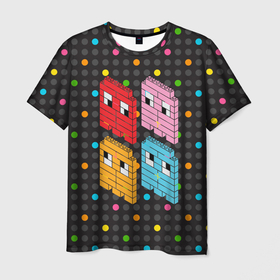 Мужская футболка 3D с принтом Pac man  пиксели в Санкт-Петербурге, 100% полиэфир | прямой крой, круглый вырез горловины, длина до линии бедер | Тематика изображения на принте: dandy | game | pac man | retro | sega | пиксели