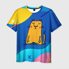 Мужская футболка 3D с принтом Спокойный кот.  Йога в Екатеринбурге, 100% полиэфир | прямой крой, круглый вырез горловины, длина до линии бедер | Тематика изображения на принте: йога | кот | котенок | котик | спокойствие