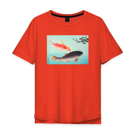 Мужская футболка хлопок Oversize с принтом Common and Golden Carp в Курске, 100% хлопок | свободный крой, круглый ворот, “спинка” длиннее передней части | japan | ohara koson | винтаж | искусство | картины | охара косон | рыбы | япония | японская | японская анимация | японская культура | японская эстетика | японский стиль