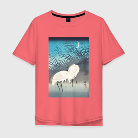 Мужская футболка хлопок Oversize с принтом Egrets and Reeds in Moonlight в Тюмени, 100% хлопок | свободный крой, круглый ворот, “спинка” длиннее передней части | japan | ohara koson | искусство | охара косон | птицы | цапля | япония | японская культура