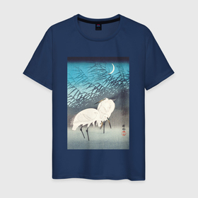 Мужская футболка хлопок с принтом Egrets and Reeds in Moonlight в Петрозаводске, 100% хлопок | прямой крой, круглый вырез горловины, длина до линии бедер, слегка спущенное плечо. | japan | ohara koson | искусство | охара косон | птицы | цапля | япония | японская культура