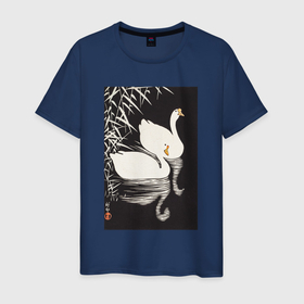 Мужская футболка хлопок с принтом White Chinese Geese Swimming by Reeds в Тюмени, 100% хлопок | прямой крой, круглый вырез горловины, длина до линии бедер, слегка спущенное плечо. | japan | ohara koson | винтаж | гуси | искусство | картины | культура японии | охара косон | природа | пруд | птицы | япония | японская культура