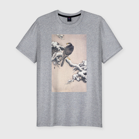 Мужская футболка хлопок Slim с принтом Goshawk on Snow covered Pine Bough в Курске, 92% хлопок, 8% лайкра | приталенный силуэт, круглый вырез ворота, длина до линии бедра, короткий рукав | japan | ohara koson | винтаж | искусство | картины | культура японии | природа | птицы | япония | японская культура | ястреб