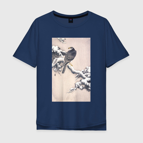 Мужская футболка хлопок Oversize с принтом Goshawk on Snow covered Pine Bough , 100% хлопок | свободный крой, круглый ворот, “спинка” длиннее передней части | Тематика изображения на принте: japan | ohara koson | винтаж | искусство | картины | культура японии | природа | птицы | япония | японская культура | ястреб