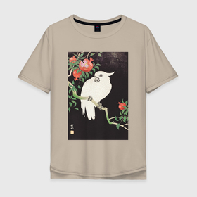 Мужская футболка хлопок Oversize с принтом Cockatoo and Pomegranate в Тюмени, 100% хлопок | свободный крой, круглый ворот, “спинка” длиннее передней части | japan | ohara koson | винтаж | искусство | картины | культура японии | охара косон | попугай | птицы | япония | японская культура