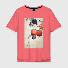 Мужская футболка хлопок Oversize с принтом Nuthatcher atop Persimmons в Тюмени, 100% хлопок | свободный крой, круглый ворот, “спинка” длиннее передней части | japan | ohara koson | винтаж | искусство | картины | культура японии | охара косон | птицы | япония | японская культура
