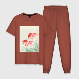 Мужская пижама хлопок с принтом Two Veil Goldfish , 100% хлопок | брюки и футболка прямого кроя, без карманов, на брюках мягкая резинка на поясе и по низу штанин
 | japan | ohara koson | золотая рыбка | искусство | картины | культура японии | охара косон | рыбы | япония | японская | японская анимация | японская культура | японская эстетика | японский стиль