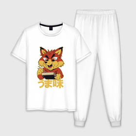 Мужская пижама хлопок с принтом Japanese Fox Eating Ramen | Японская лиса ест Рамен в Тюмени, 100% хлопок | брюки и футболка прямого кроя, без карманов, на брюках мягкая резинка на поясе и по низу штанин
 | bento | box | cute fox | food | foxxy | foxy | japan | japanese | kanji | ramen bowl | бенто | бэнто | иероглифы | канджи | кандзи | лапша | лисёнок | лисички | миска рамена | надпись | слово | суп | фокс | фокси | япония | японский рамен