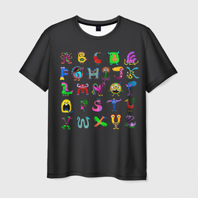 Мужская футболка 3D с принтом МУЛЬТЯШНЫЙ АЛФАВИТ в Белгороде, 100% полиэфир | прямой крой, круглый вырез горловины, длина до линии бедер | азбука | алфавит | алфавит животных | буквы | веселый | детский алфавит | забавный | красивый | красочный | милый | мультфильм | остроумный | очаровательный | причудливый