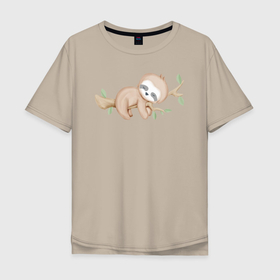 Мужская футболка хлопок Oversize с принтом Милый Ленивец На Дереве в Тюмени, 100% хлопок | свободный крой, круглый ворот, “спинка” длиннее передней части | animals | beast | cute | sloth | животные | звери | ленивец