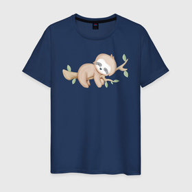 Мужская футболка хлопок с принтом Милый Ленивец На Дереве в Тюмени, 100% хлопок | прямой крой, круглый вырез горловины, длина до линии бедер, слегка спущенное плечо. | Тематика изображения на принте: animals | beast | cute | sloth | животные | звери | ленивец