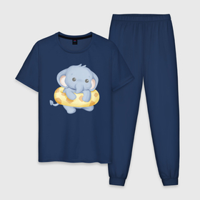Мужская пижама хлопок с принтом Милый Слонёнок С Плавательным Кругом в Новосибирске, 100% хлопок | брюки и футболка прямого кроя, без карманов, на брюках мягкая резинка на поясе и по низу штанин
 | animals | beast | cute | животные | звери | милый | слон | слонёнок
