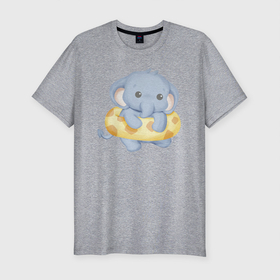 Мужская футболка хлопок Slim с принтом Милый Слонёнок С Плавательным Кругом в Екатеринбурге, 92% хлопок, 8% лайкра | приталенный силуэт, круглый вырез ворота, длина до линии бедра, короткий рукав | animals | beast | cute | животные | звери | милый | слон | слонёнок