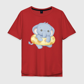 Мужская футболка хлопок Oversize с принтом Милый Слонёнок С Плавательным Кругом в Белгороде, 100% хлопок | свободный крой, круглый ворот, “спинка” длиннее передней части | Тематика изображения на принте: animals | beast | cute | животные | звери | милый | слон | слонёнок