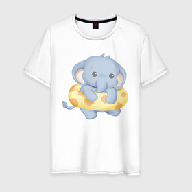Мужская футболка хлопок с принтом Милый Слонёнок С Плавательным Кругом , 100% хлопок | прямой крой, круглый вырез горловины, длина до линии бедер, слегка спущенное плечо. | Тематика изображения на принте: animals | beast | cute | животные | звери | милый | слон | слонёнок