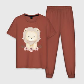 Мужская пижама хлопок с принтом Милый Львёнок С Цветами в Петрозаводске, 100% хлопок | брюки и футболка прямого кроя, без карманов, на брюках мягкая резинка на поясе и по низу штанин
 | animals | beast | cute | lion | животные | звери | лев | львёнок