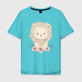 Мужская футболка хлопок Oversize с принтом Милый Львёнок С Цветами в Тюмени, 100% хлопок | свободный крой, круглый ворот, “спинка” длиннее передней части | animals | beast | cute | lion | животные | звери | лев | львёнок
