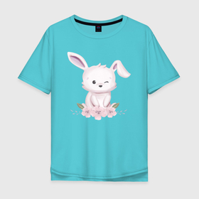 Мужская футболка хлопок Oversize с принтом Милый Крольчонок С Цветами в Курске, 100% хлопок | свободный крой, круглый ворот, “спинка” длиннее передней части | animals | beast | cute | hare | rabbit | животные | заяц | звери | кролик | крольчонок | милый