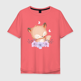 Мужская футболка хлопок Oversize с принтом Милый Лисёнок С Цветками в Екатеринбурге, 100% хлопок | свободный крой, круглый ворот, “спинка” длиннее передней части | animals | beast | cute | fox | животные | звери | лиса | лисёнок | милый