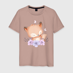 Мужская футболка хлопок с принтом Милый Лисёнок С Цветками в Санкт-Петербурге, 100% хлопок | прямой крой, круглый вырез горловины, длина до линии бедер, слегка спущенное плечо. | animals | beast | cute | fox | животные | звери | лиса | лисёнок | милый