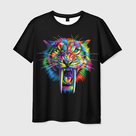 Мужская футболка 3D с принтом ЦВЕТНОЙ ТИГР THE COLORED TIGER в Екатеринбурге, 100% полиэфир | прямой крой, круглый вырез горловины, длина до линии бедер | Тематика изображения на принте: большая кошка | дикий | животное | кошка | тигр | хищник | цветной