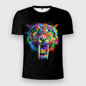 Мужская футболка 3D Slim с принтом ЦВЕТНОЙ ТИГР THE COLORED TIGER в Белгороде, 100% полиэстер с улучшенными характеристиками | приталенный силуэт, круглая горловина, широкие плечи, сужается к линии бедра | большая кошка | дикий | животное | кошка | тигр | хищник | цветной
