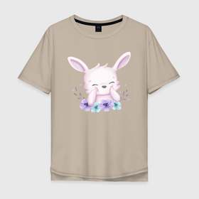 Мужская футболка хлопок Oversize с принтом Милый Крольчонок С Цветками в Екатеринбурге, 100% хлопок | свободный крой, круглый ворот, “спинка” длиннее передней части | animals | beast | cute | hare | rabbit | животные | заяц | звери | кролик | крольчонок | милый