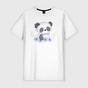 Мужская футболка хлопок Slim с принтом Милая Пандочка С Цветами , 92% хлопок, 8% лайкра | приталенный силуэт, круглый вырез ворота, длина до линии бедра, короткий рукав | animals | beast | cute | panda | животные | звери | панда | пандочка