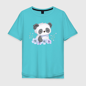 Мужская футболка хлопок Oversize с принтом Милая Пандочка С Цветами в Курске, 100% хлопок | свободный крой, круглый ворот, “спинка” длиннее передней части | Тематика изображения на принте: animals | beast | cute | panda | животные | звери | панда | пандочка