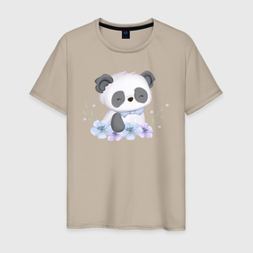 Мужская футболка хлопок с принтом Милая Пандочка С Цветами в Санкт-Петербурге, 100% хлопок | прямой крой, круглый вырез горловины, длина до линии бедер, слегка спущенное плечо. | animals | beast | cute | panda | животные | звери | панда | пандочка