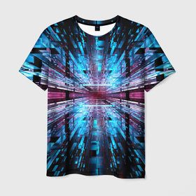 Мужская футболка 3D с принтом неоновый информационный голограммный туннель в Курске, 100% полиэфир | прямой крой, круглый вырез горловины, длина до линии бедер | Тематика изображения на принте: abstraction | fashion | neon | pattern | абстракция | мода | неон | паттерн