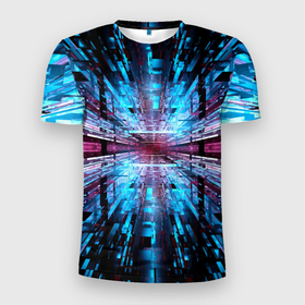 Мужская футболка 3D Slim с принтом неоновый информационный голограммный туннель в Кировске, 100% полиэстер с улучшенными характеристиками | приталенный силуэт, круглая горловина, широкие плечи, сужается к линии бедра | abstraction | fashion | neon | pattern | абстракция | мода | неон | паттерн