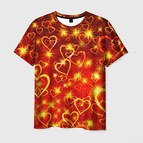 Мужская футболка 3D с принтом СВЕТЯЩИЕСЯ СЕРДЕЧКИ в Новосибирске, 100% полиэфир | прямой крой, круглый вырез горловины, длина до линии бедер | Тематика изображения на принте: день святого валентина | желтый | красный | любовь | милый | неон | светящееся сердце | светящиеся сердечки | свечение | сердечки | узор