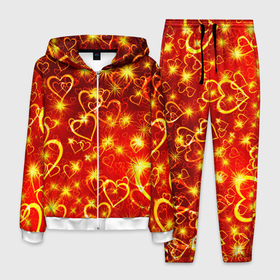 Мужской костюм 3D с принтом СВЕТЯЩИЕСЯ СЕРДЕЧКИ в Курске, 100% полиэстер | Манжеты и пояс оформлены тканевой резинкой, двухслойный капюшон со шнурком для регулировки, карманы спереди | Тематика изображения на принте: день святого валентина | желтый | красный | любовь | милый | неон | светящееся сердце | светящиеся сердечки | свечение | сердечки | узор