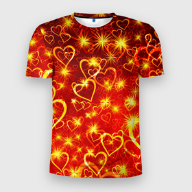 Мужская футболка 3D Slim с принтом СВЕТЯЩИЕСЯ СЕРДЕЧКИ в Санкт-Петербурге, 100% полиэстер с улучшенными характеристиками | приталенный силуэт, круглая горловина, широкие плечи, сужается к линии бедра | день святого валентина | желтый | красный | любовь | милый | неон | светящееся сердце | светящиеся сердечки | свечение | сердечки | узор