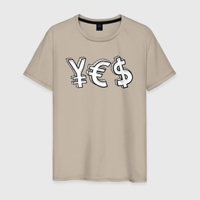 Мужская футболка хлопок с принтом YES (юань, евро, доллар) в Тюмени, 100% хлопок | прямой крой, круглый вырез горловины, длина до линии бедер, слегка спущенное плечо. | money | ассигнация | бабки | бабло | бабосики | бабосы | батек | батька | батя | батяня | гроши | денежки | деньги | доллар | евро | кризис | мани | нал | наличка | наличность | отец | папа | папаня | папка