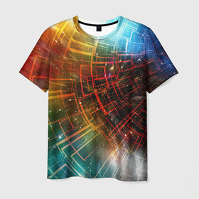 Мужская футболка 3D с принтом Portal   Neon Space   туннель из энергетических панелей в Кировске, 100% полиэфир | прямой крой, круглый вырез горловины, длина до линии бедер | cosmos | neon | portal | space | stars | звёзды | космос | неон | портал | пространство